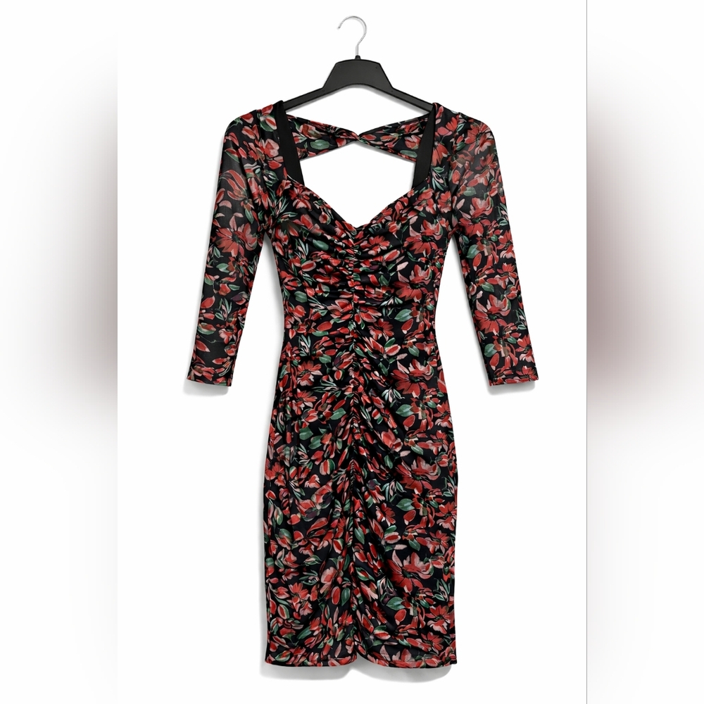 Guess Black & Red Floral Long Sleeve Gathered Bodycon Midi Dress Size S